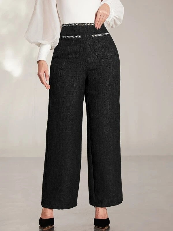 CM-BS795251 Women Elegant Seoul Style Embroidery Taped Tweed Wide Leg Pants - Black