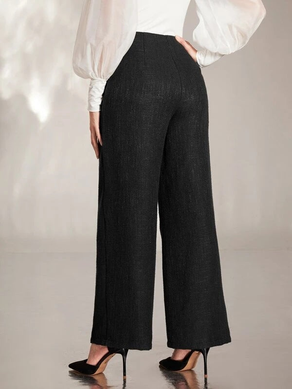 CM-BS795251 Women Elegant Seoul Style Embroidery Taped Tweed Wide Leg Pants - Black