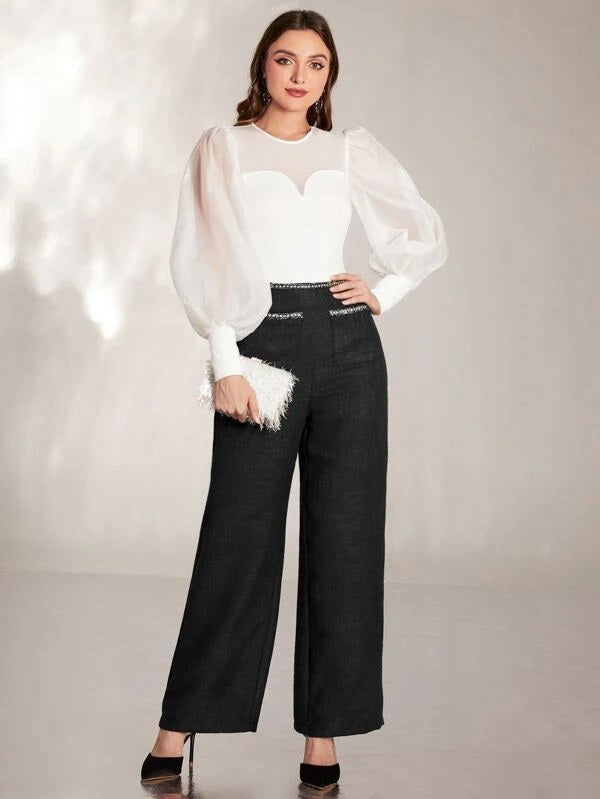 CM-BS795251 Women Elegant Seoul Style Embroidery Taped Tweed Wide Leg Pants - Black