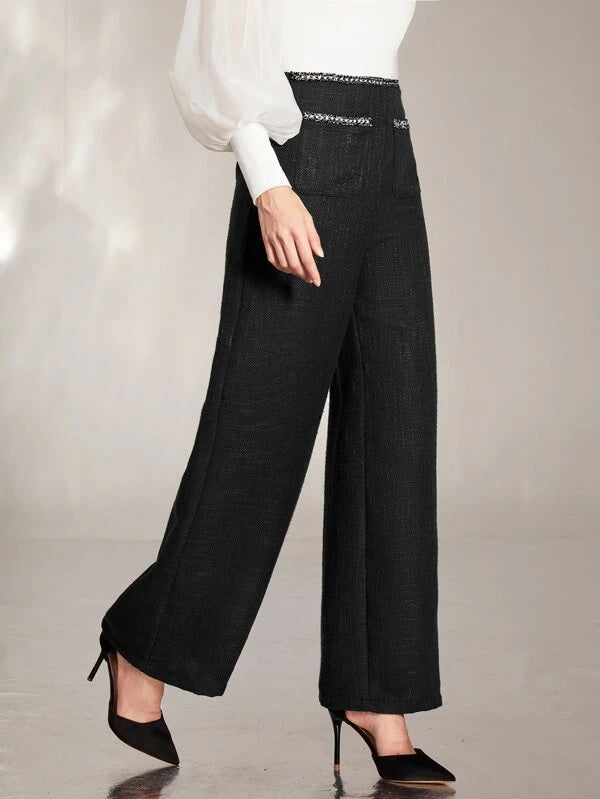 CM-BS795251 Women Elegant Seoul Style Embroidery Taped Tweed Wide Leg Pants - Black