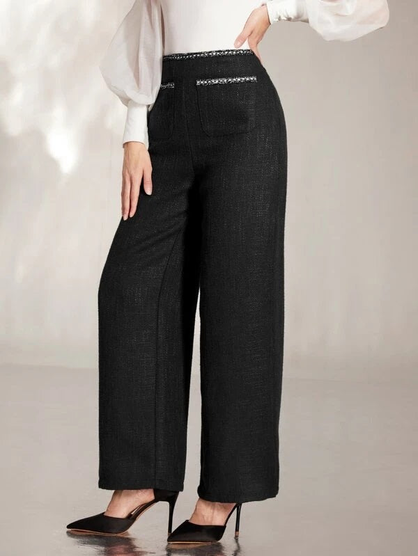 CM-BS795251 Women Elegant Seoul Style Embroidery Taped Tweed Wide Leg Pants - Black