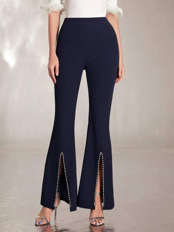 CM-BS795922 Women Elegant Seoul Style Rhinestone Split Hem Flare Leg Pants - Navy Blue