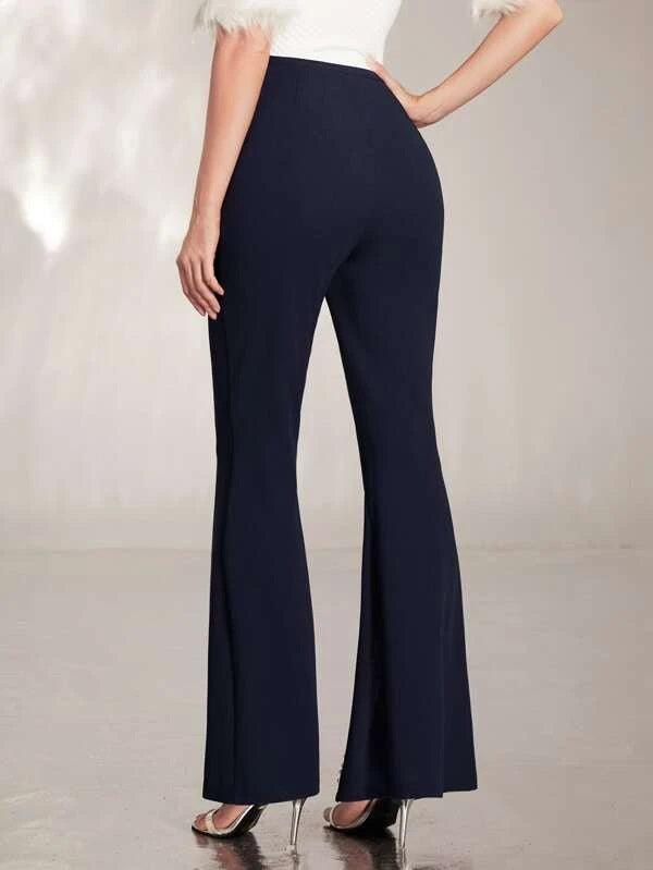 CM-BS795922 Women Elegant Seoul Style Rhinestone Split Hem Flare Leg Pants - Navy Blue