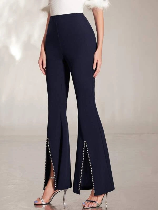 CM-BS795922 Women Elegant Seoul Style Rhinestone Split Hem Flare Leg Pants - Navy Blue