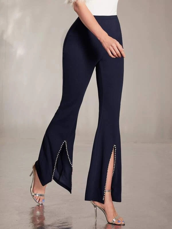 CM-BS795922 Women Elegant Seoul Style Rhinestone Split Hem Flare Leg Pants - Navy Blue