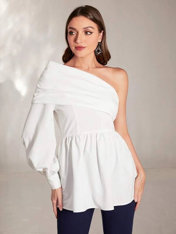 CM-TS306456 Women Elegant Seoul Style One Shoulder Bishop Sleeve Peplum Blouse - White