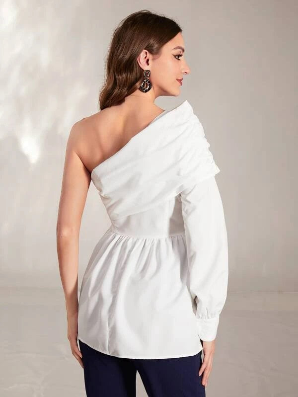 CM-TS306456 Women Elegant Seoul Style One Shoulder Bishop Sleeve Peplum Blouse - White