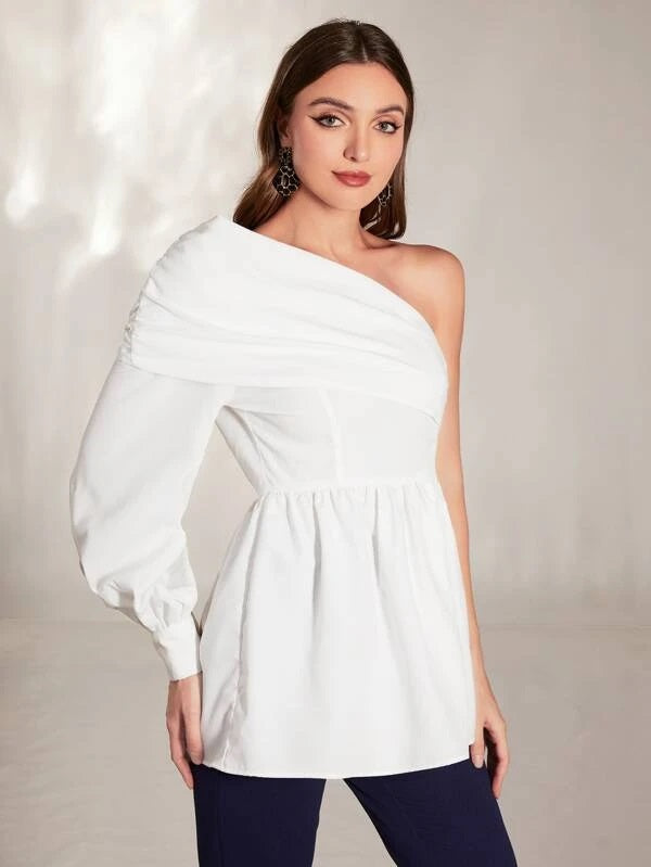 CM-TS306456 Women Elegant Seoul Style One Shoulder Bishop Sleeve Peplum Blouse - White