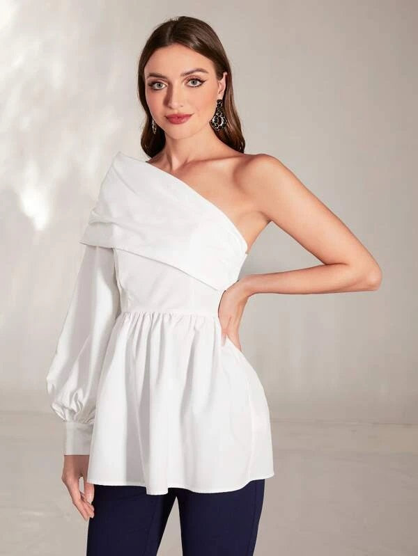 CM-TS306456 Women Elegant Seoul Style One Shoulder Bishop Sleeve Peplum Blouse - White