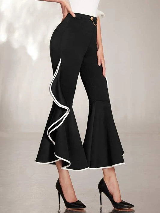 CM-BS384239 Women Elegant Seoul Style Contrast Binding Flare Leg Pants - Black