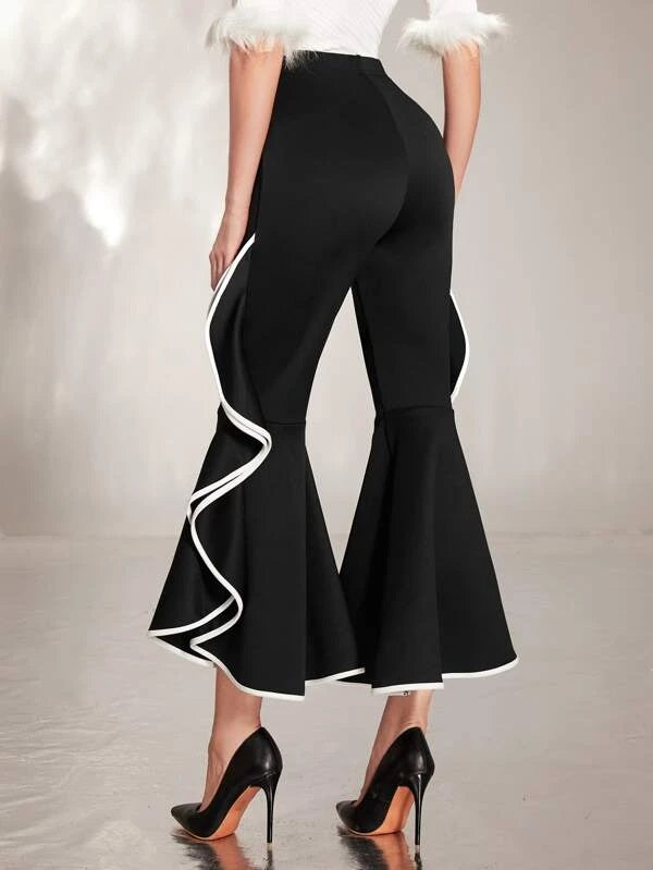 CM-BS384239 Women Elegant Seoul Style Contrast Binding Flare Leg Pants - Black