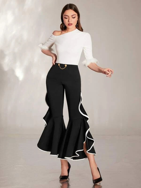 CM-BS384239 Women Elegant Seoul Style Contrast Binding Flare Leg Pants - Black