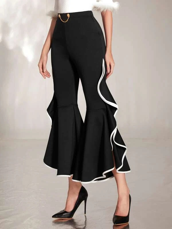 CM-BS384239 Women Elegant Seoul Style Contrast Binding Flare Leg Pants - Black