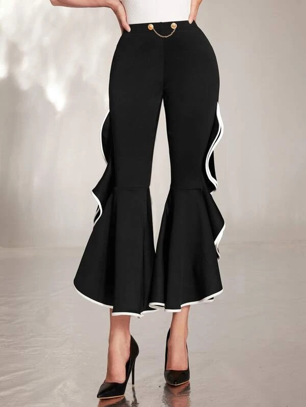 CM-BS384239 Women Elegant Seoul Style Contrast Binding Flare Leg Pants - Black