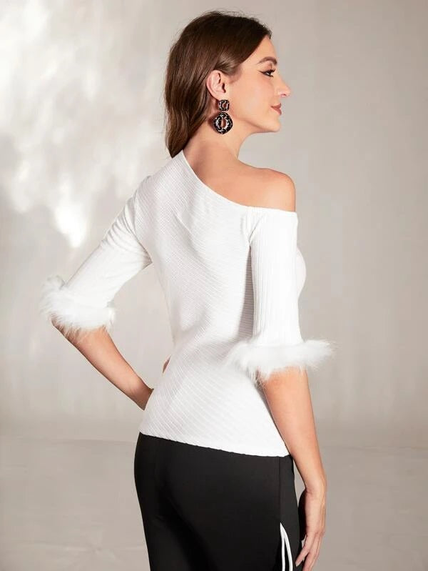 CM-TS782292 Women Elegant Seoul Style Asymmetrical Neck Fuzzy Cuff Tee - White