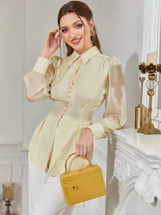 CM-TS345559 Women Elegant Seoul Style Lantern Sleeve Fold Pleated Shirt - Yellow