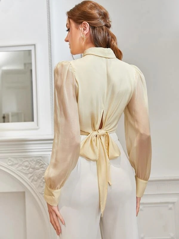 CM-TS345559 Women Elegant Seoul Style Lantern Sleeve Fold Pleated Shirt - Yellow