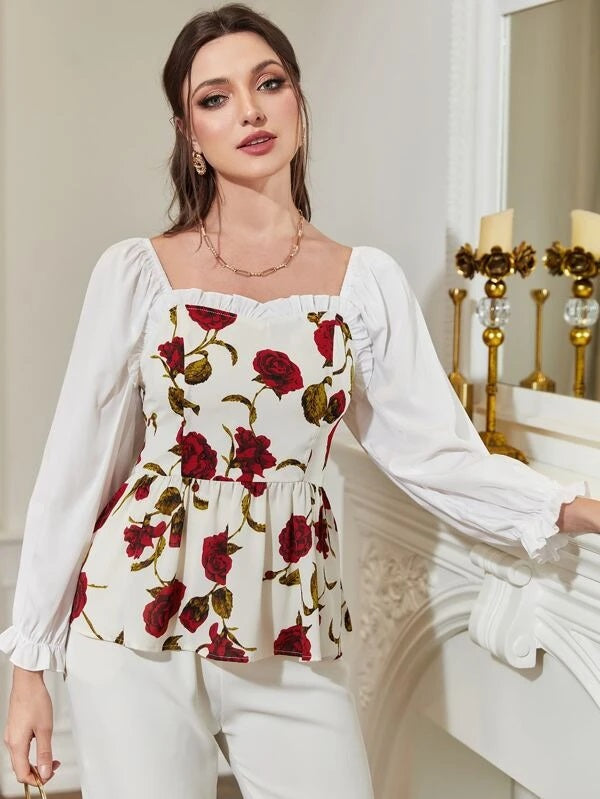 CM-TS860043 Women Trendy Bohemian Style Floral Print Flounce Sleeve Peplum Blouse