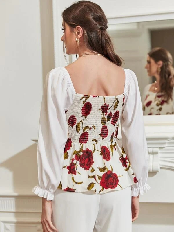 CM-TS860043 Women Trendy Bohemian Style Floral Print Flounce Sleeve Peplum Blouse