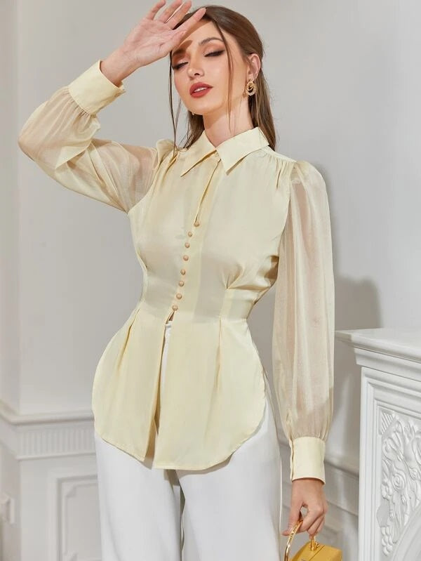 CM-TS345559 Women Elegant Seoul Style Lantern Sleeve Fold Pleated Shirt - Yellow