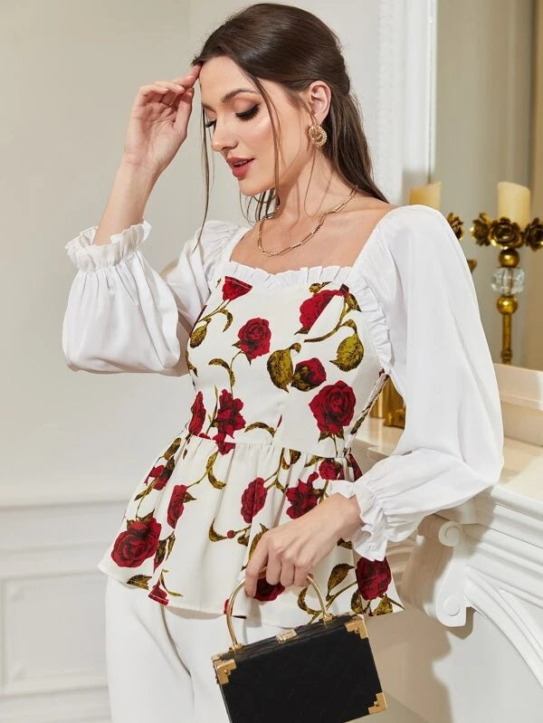 CM-TS860043 Women Trendy Bohemian Style Floral Print Flounce Sleeve Peplum Blouse