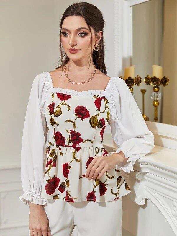 CM-TS860043 Women Trendy Bohemian Style Floral Print Flounce Sleeve Peplum Blouse
