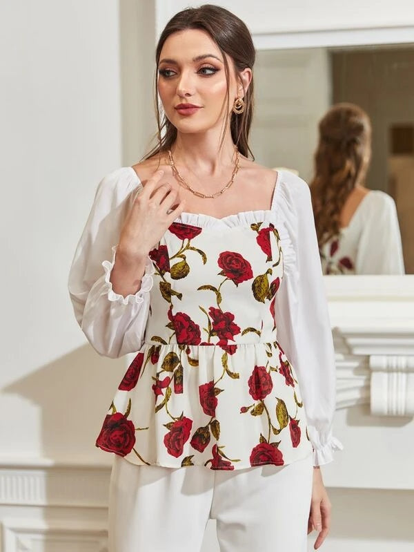 CM-TS860043 Women Trendy Bohemian Style Floral Print Flounce Sleeve Peplum Blouse