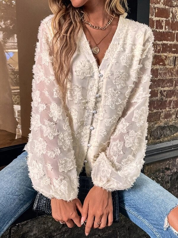 CM-TS429490 Women Casual Seoul Style V-Neck Lantern Sleeve Fuzzy Blouse - Apricot
