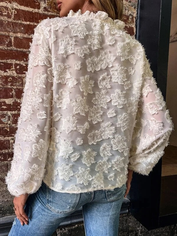 CM-TS429490 Women Casual Seoul Style V-Neck Lantern Sleeve Fuzzy Blouse - Apricot