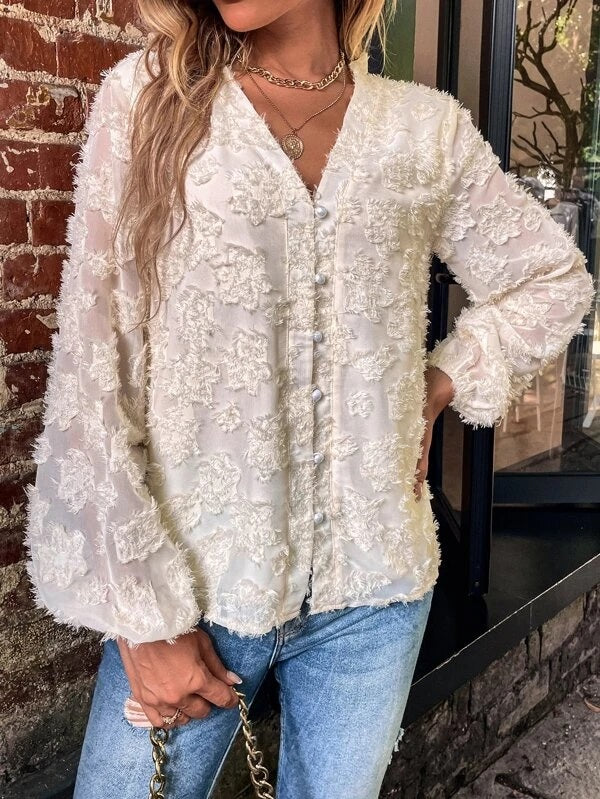 CM-TS429490 Women Casual Seoul Style V-Neck Lantern Sleeve Fuzzy Blouse - Apricot