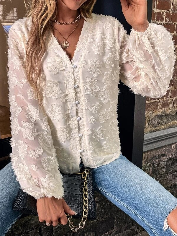 CM-TS429490 Women Casual Seoul Style V-Neck Lantern Sleeve Fuzzy Blouse - Apricot