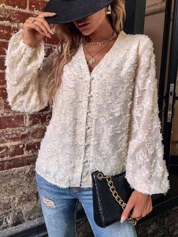 CM-TS429490 Women Casual Seoul Style V-Neck Lantern Sleeve Fuzzy Blouse - Apricot