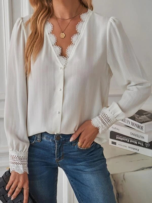 CM-TS401011 Women Elegant Seoul Style Lace Trim Puff Sleeve Blouse - White