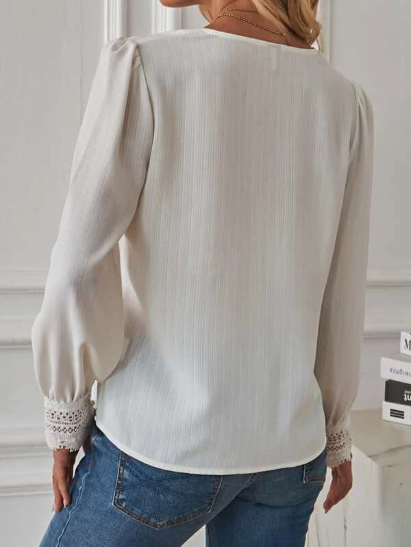 CM-TS401011 Women Elegant Seoul Style Lace Trim Puff Sleeve Blouse - White