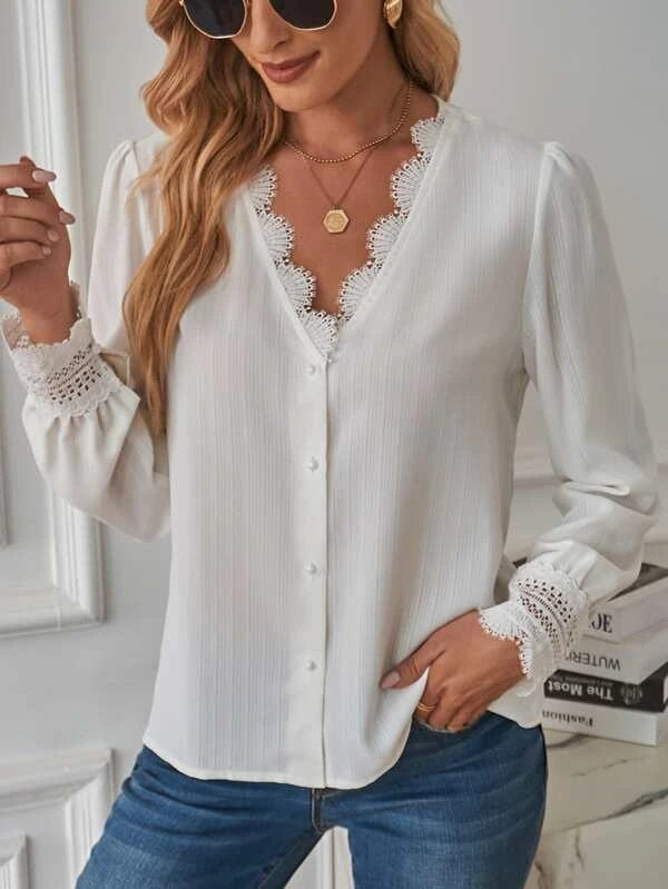 CM-TS401011 Women Elegant Seoul Style Lace Trim Puff Sleeve Blouse - White