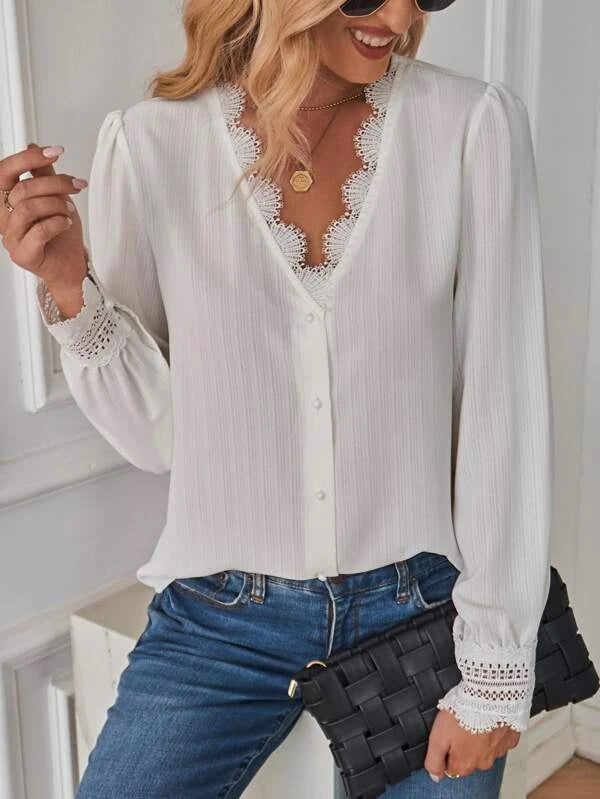 CM-TS401011 Women Elegant Seoul Style Lace Trim Puff Sleeve Blouse - White
