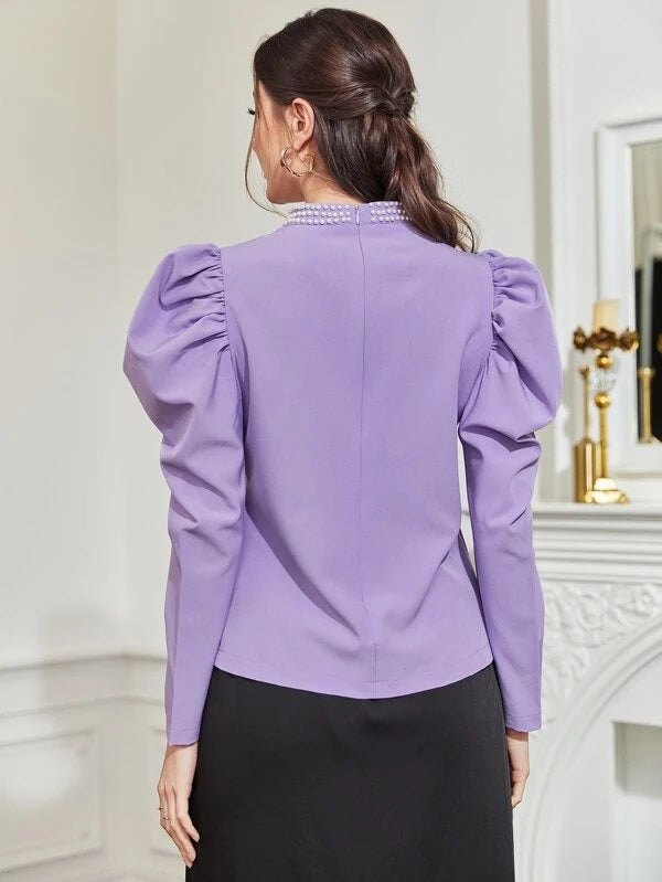 CM-TS734271 Women Elegant Seoul Style Contrast Mesh Pearl Detail Puff Sleeve Blouse