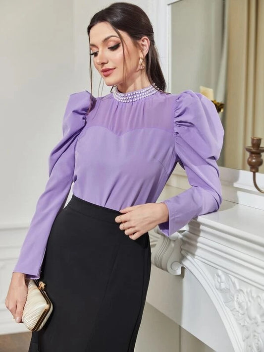 CM-TS734271 Women Elegant Seoul Style Contrast Mesh Pearl Detail Puff Sleeve Blouse