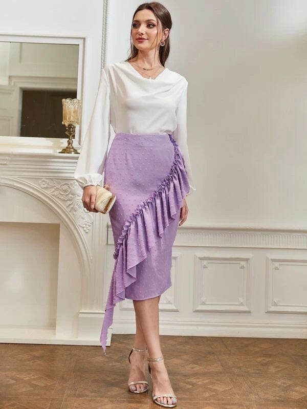 CM-BS230768 Women Elegant Seoul Style Swiss Dot Ruffle Trim Asymmetrical Hem Skirt