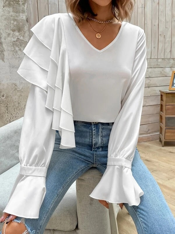 CM-TS180430 Women Trendy Bohemian Style Solid Flounce Sleeve Blouse - White