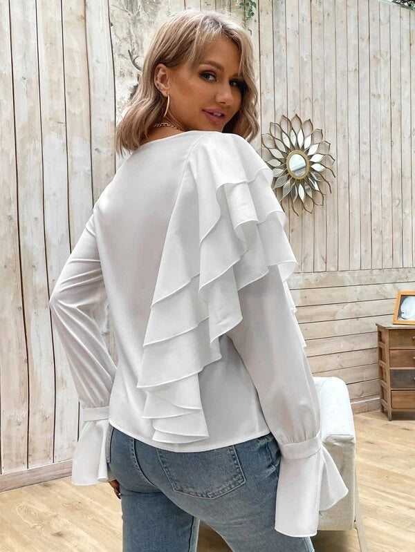 CM-TS180430 Women Trendy Bohemian Style Solid Flounce Sleeve Blouse - White