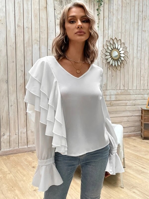 CM-TS180430 Women Trendy Bohemian Style Solid Flounce Sleeve Blouse - White