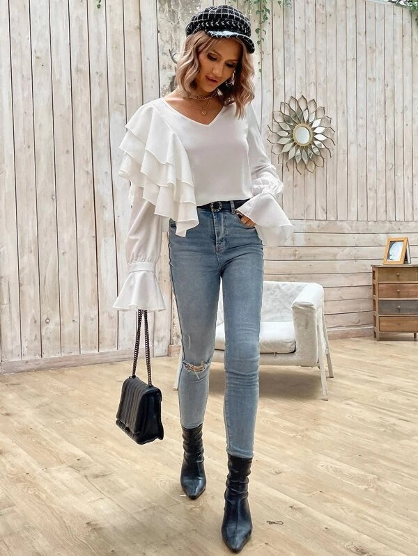 CM-TS180430 Women Trendy Bohemian Style Solid Flounce Sleeve Blouse - White