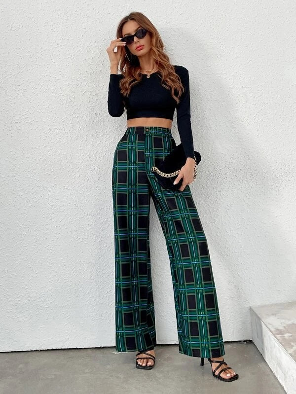 CM-BS591913 Women Casual Seoul Style High Waist Plaid Wide Leg Pants