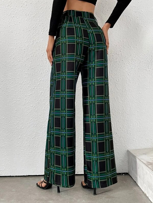 CM-BS591913 Women Casual Seoul Style High Waist Plaid Wide Leg Pants