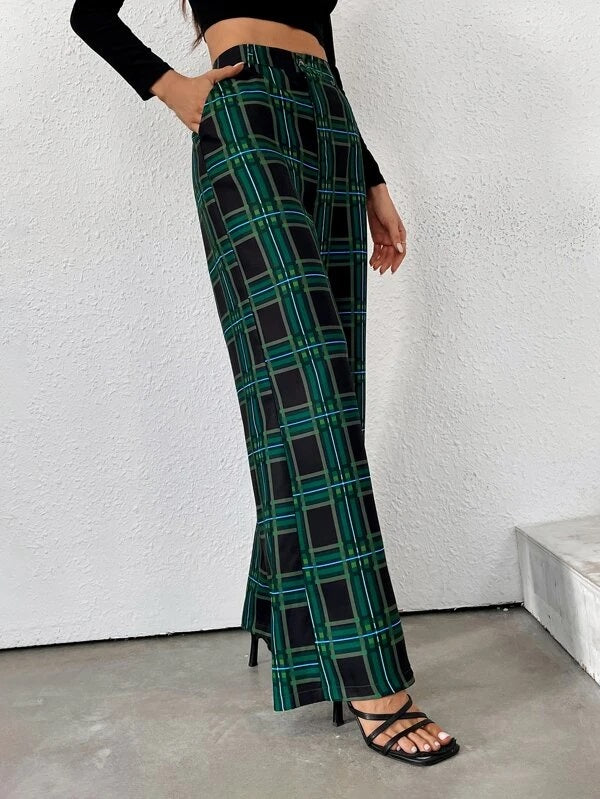 CM-BS591913 Women Casual Seoul Style High Waist Plaid Wide Leg Pants