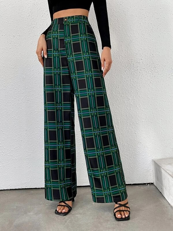 CM-BS591913 Women Casual Seoul Style High Waist Plaid Wide Leg Pants