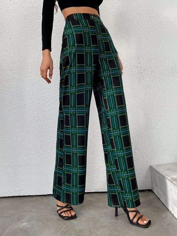 CM-BS591913 Women Casual Seoul Style High Waist Plaid Wide Leg Pants