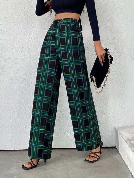 CM-BS591913 Women Casual Seoul Style High Waist Plaid Wide Leg Pants