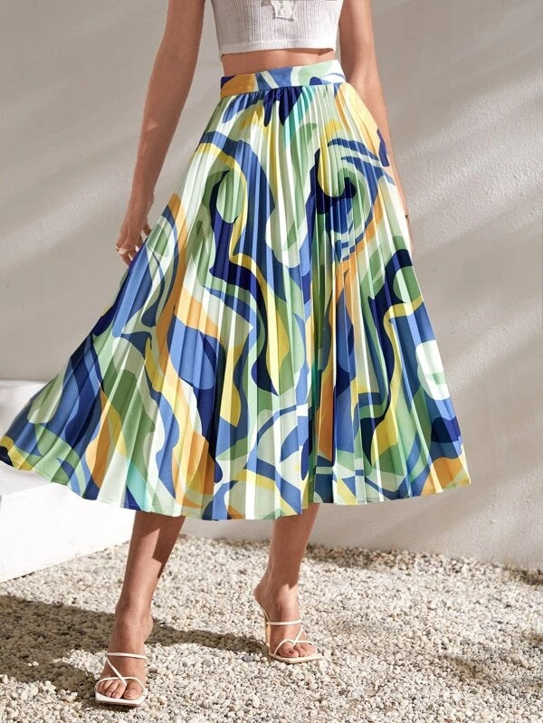 CM-BS558965 Women Casual Seoul Style Graphic Print Pleated Skirt